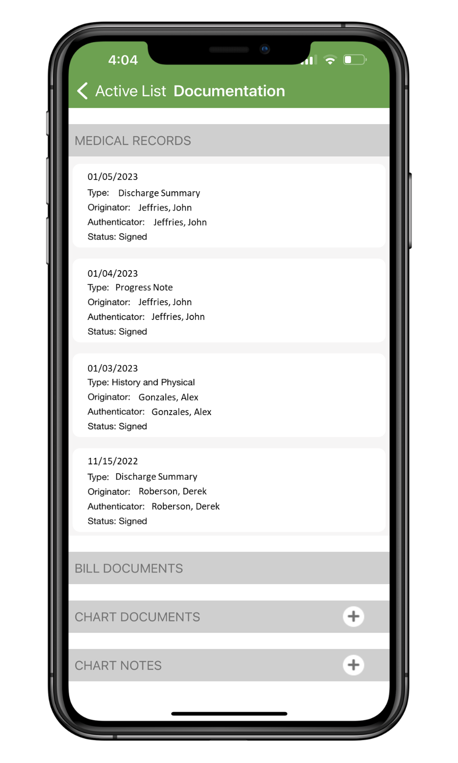 MediMobile Genesis Active List Documentation Phone View