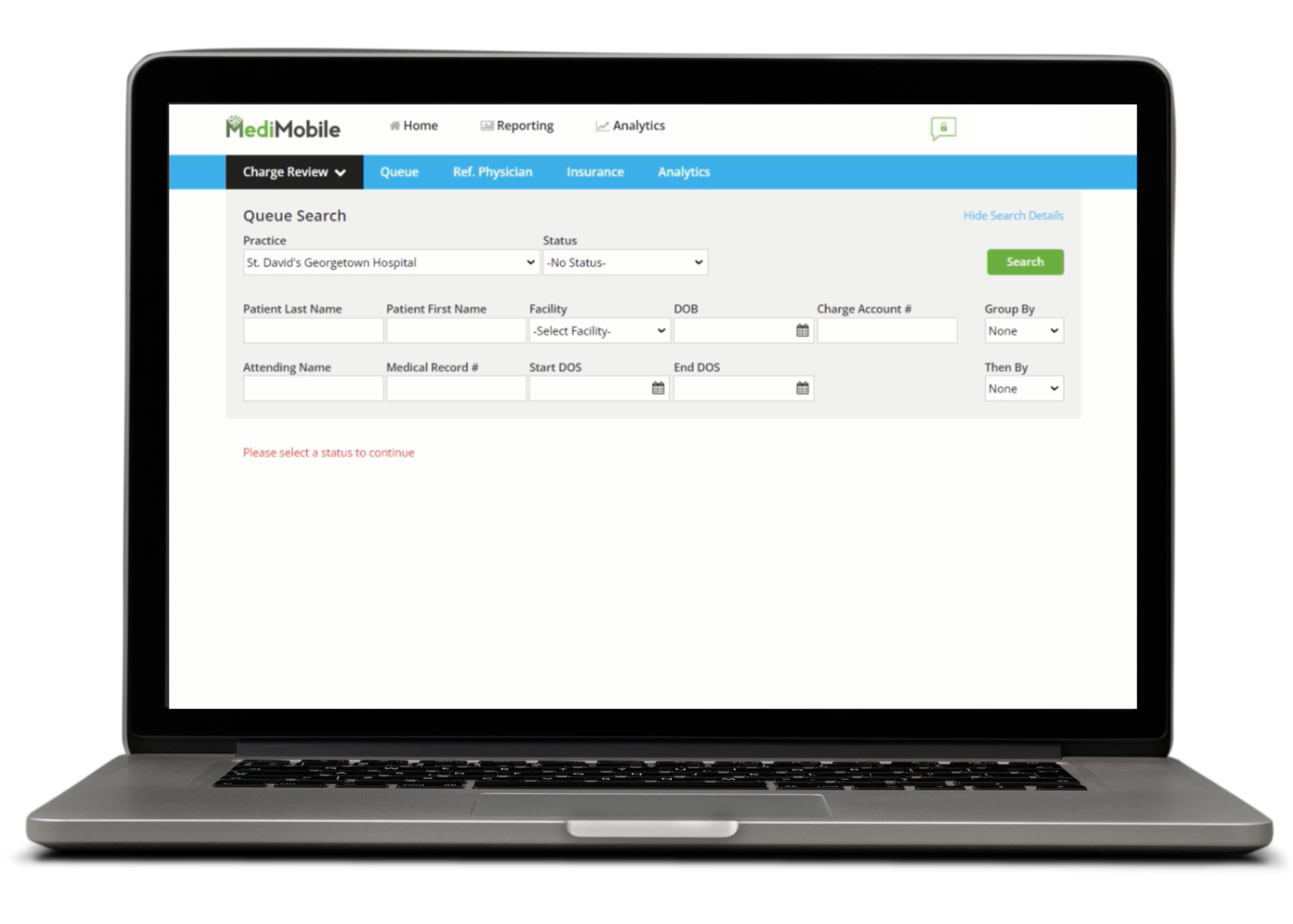 Charge Review Interface for MediMobile's Charge Review System for Medical Billers and Coders