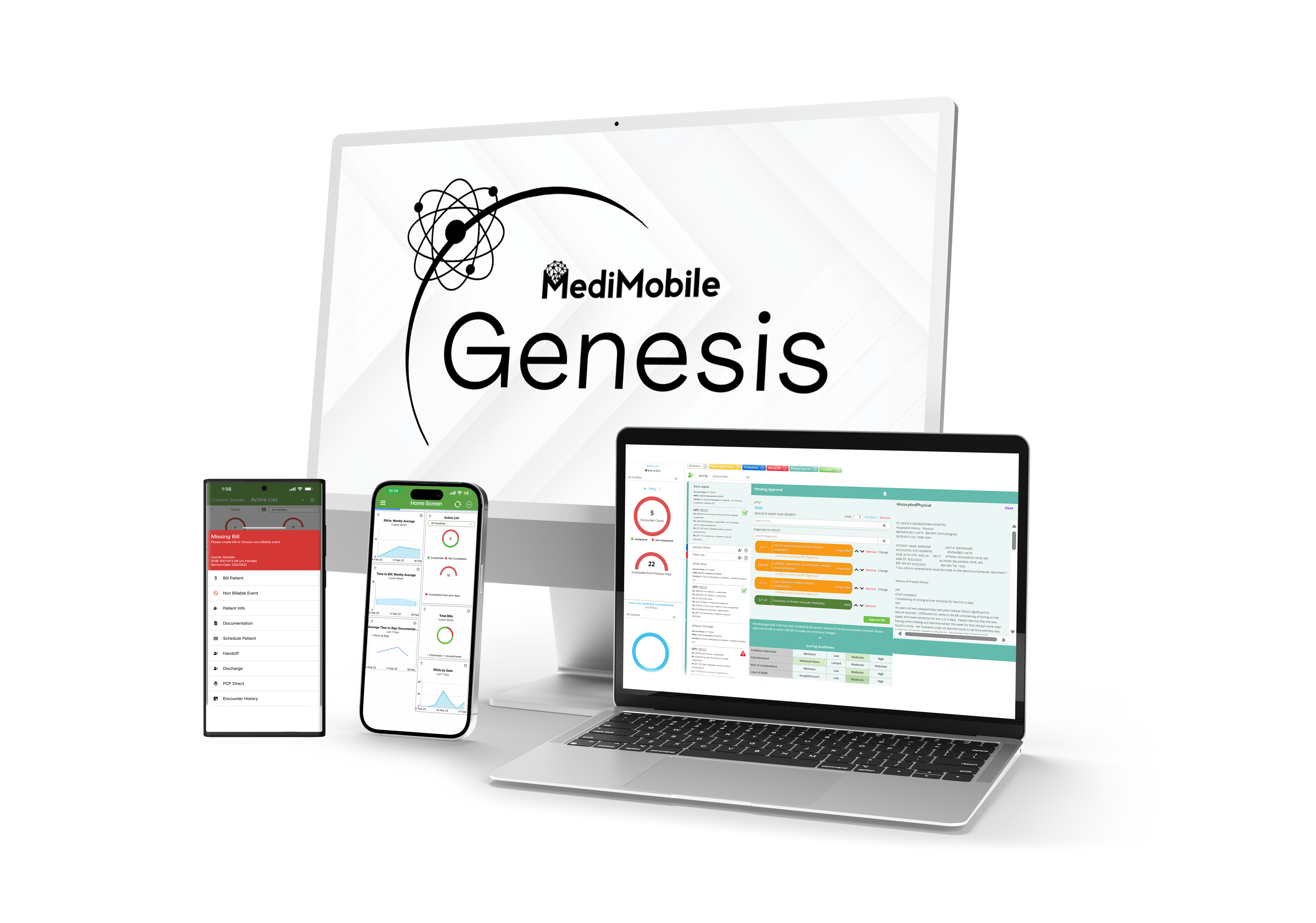 MediMobile Genesis automated medical coding platform shown on desktop and mobile for AI charge capture