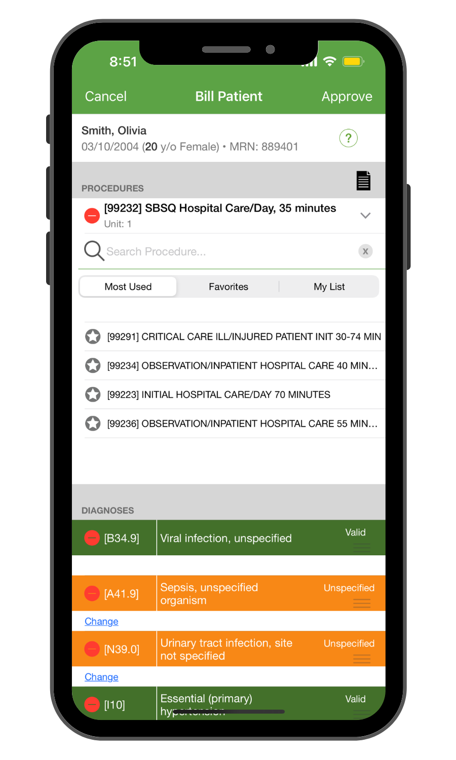 MediMobile Genesis AI bill patient view on iPhone for automated medical coding and AI charge capture
