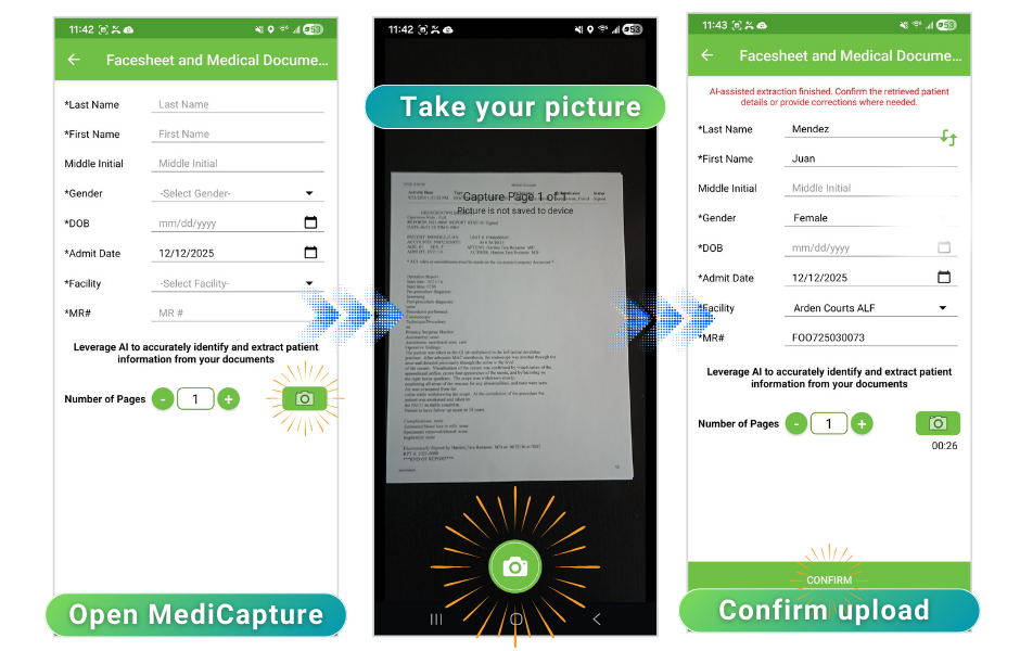 MediCapture process screenshots showing the capture-first workflow from phone