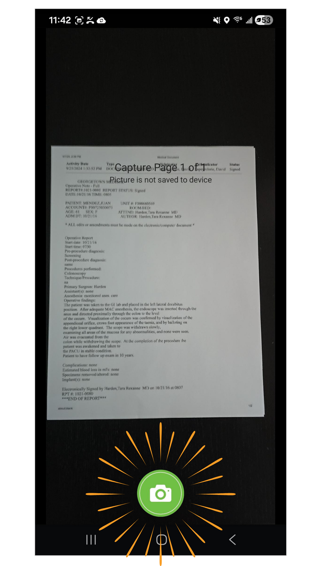 Phone view of snapping a face sheet with MediCapture