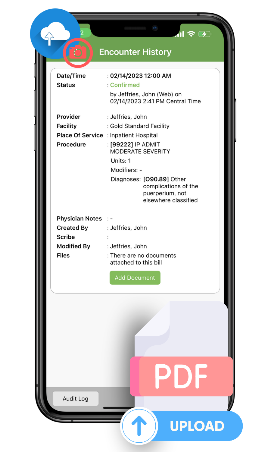 MediMobile Genesis PDF and image capture documentation view for AI charge capture on iPhone