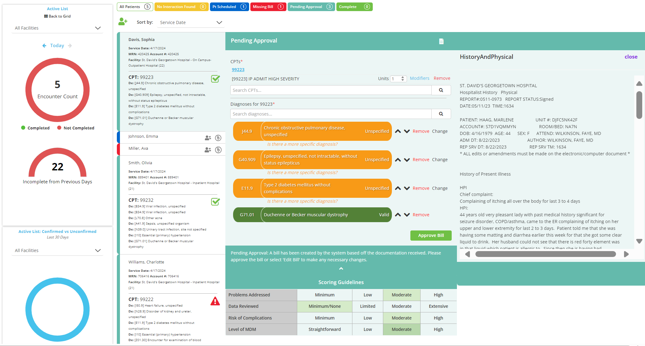 MediMobile Genesis automated medical coding interface on computer screen for AI charge capture and revenue cycle management